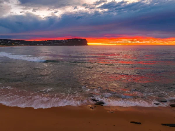 Aerial Sunrise Medium High Cloud Filled Sky Small Waves Macmasters — Stok fotoğraf