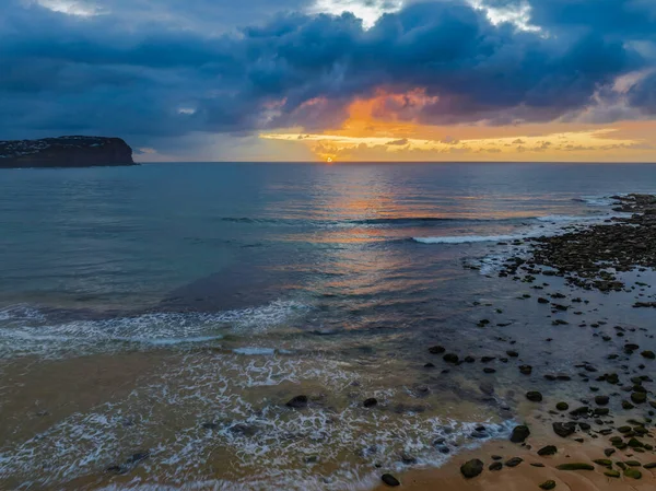 Aerial Sunrise Rain Clouds Small Waves Macmasters Beach Central Coast — Stock Photo, Image
