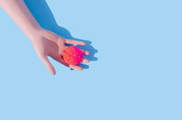 Mano Una Donna Che Tiene Cervello Umano Rosa Fluo Sfondo — Foto Stock