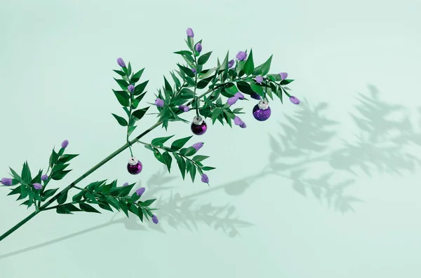 Een Tak Met Groene Bladeren Met Paarse Bloemen Kleine Kerstballen — Stockfoto