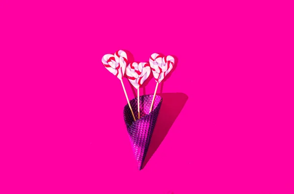 Thre Colorful Heart Shaped Lollipops Purple Fuchsia Ice Cream Cone — Foto Stock