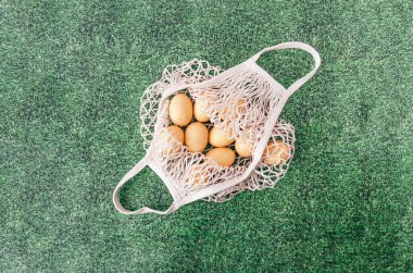 Yeşil çimlerin üzerinde bir alışveriş poşetinde taze organik Paskalya yumurtaları. Paskalya bayrağı ya da reklam için kavram. Organik gıda pazarı reklamı için dizayn.