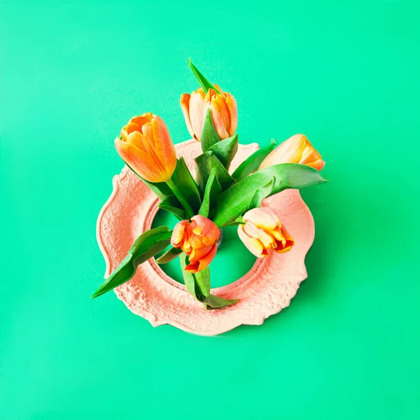 Fresh Orange Tulips Growing Out Orange Baroque Frame Green Background — Stock Photo, Image