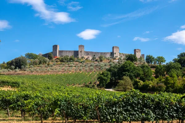 Küçük bir ortaçağ kasabası olan Monteriggioni, güneşli bir yaz gününde Francigena yolundan gökyüzüne yükselir.