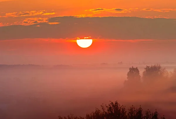 Восход Солнца Тумане Утром — стоковое фото