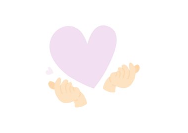 Beyaz zemin üzerinde aşk parmağı işareti olan mor kalp vektörü izole edildi