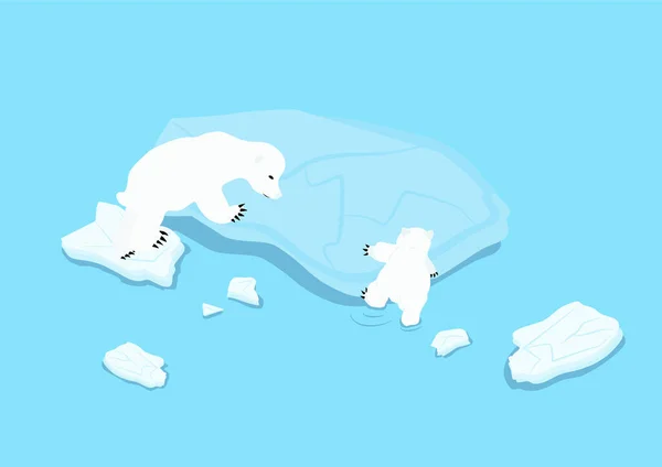 Polar Bear Family Melting Iceberg Global Warming Vector — Stock Vector