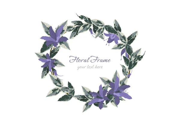 Flores Púrpura Lilly Con Follaje Corona Marco Ornamento Vector — Vector de stock