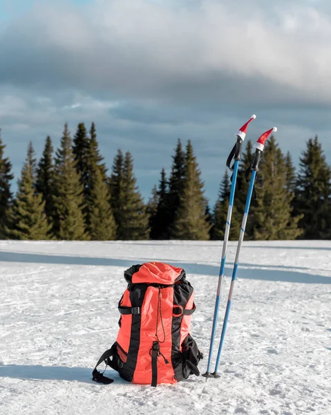 Resor Och Turism Vintersemester Jul Semester Äventyr Vandring Skidkoncept Turistryggsäck — Stockfoto