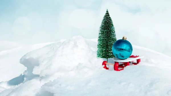 Christmas New Year Background Banner Children Decorative Sled Christmas Ball — Stock Photo, Image