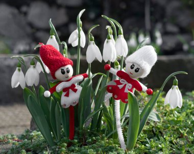 Kar damlaları ve küçük oyuncak bebekler martenitsa ya da martishor. 1 Mart - geleneksel incik boncuk, Baba Marta Günü - Bulgar bayramı. Bahar başlangıcı, ilkbahar konsepti