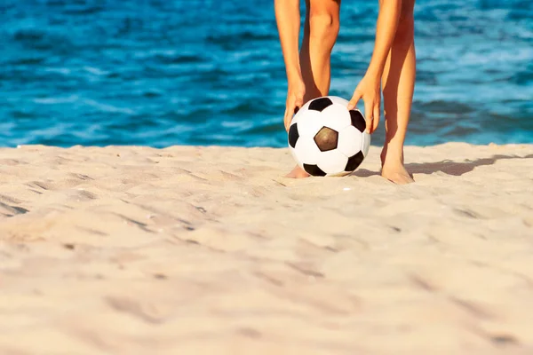 Child Soccer Player Playing Ball Sandy Sea Beach Summer Sports — Stok fotoğraf