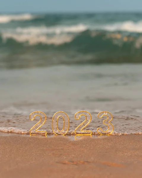 Numbers 2023 Golden Sand Beach Blurry Sea Wave Sunrise Sunset — Fotografie, imagine de stoc