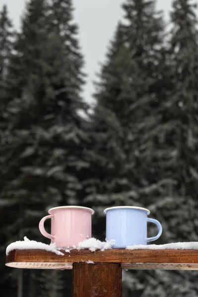 Two coffee camping mug in winter forest. Couple metal cups with warm drink in pastel pink and blue on background of green fir tree. Blank, mockup, copy space for design, text or promotional content