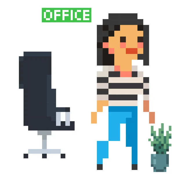 Young Woman Pixel Art Icon Old School Computer Graphic Bit — Vetor de Stock