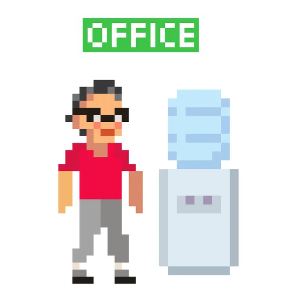 Pixel Art afbeelding van ondernemers door waterkoeler In Office — Stockvector
