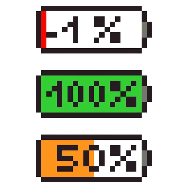 Ícone de nível de baterias definido com estilo de pixel de 8 bits. Ilustração vetorial sobre fundo preto Ilustrações De Bancos De Imagens Sem Royalties