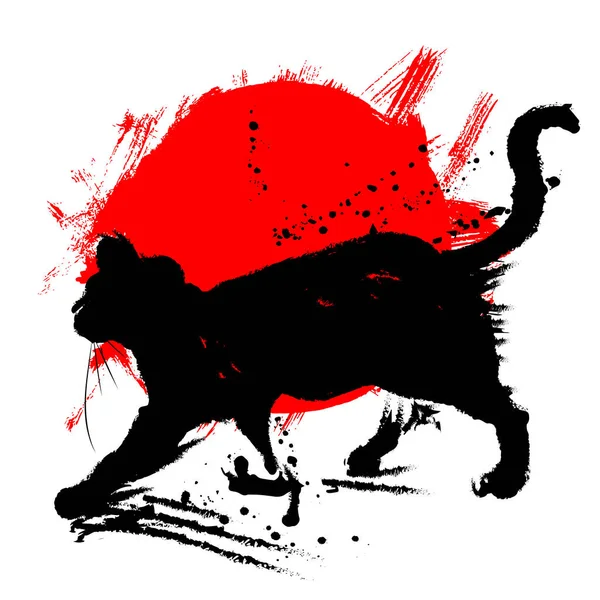 Gato esponjoso negro, pintura tradicional de tinta japonesa sumi-e. Ilustración vectorial sobre fondo blanco — Vector de stock