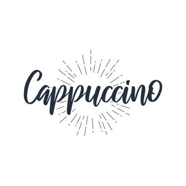 cappuccino vintage amblem. Klasik güneş ışınları üzerine el yazısı. Vector vintage stil illüstrasyonu. Kutlama kartları, posterler, afişler veya tişörtler için resim olarak kullanılabilir.