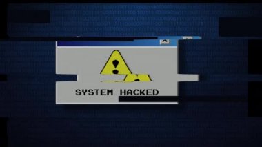 Sistem hack 'leme hatası efekti 4K Video hareketli grafik animasyonu. Retro bilgisayar penceresi. eski kullanıcı arayüzü uyarı iletisi.