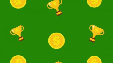 Altın bardak ve dolar para desenli arka plan animasyon 4K hareket animasyonu. Yeşil arkaplan.