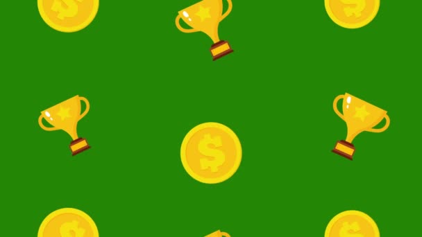 Goldene Tasse Und Dollar Münzmuster Hintergrund Animation Bewegungsanimation Green Hintergrund — Stockvideo