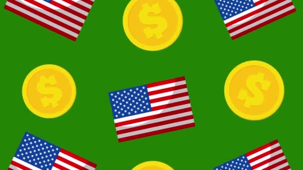 Dollar Coin Usa Flag Pattern Background Animation Motion Animation Green — Stock Video