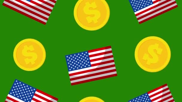 dollar coin and usa flag pattern background animation.4K motion animation.green background.