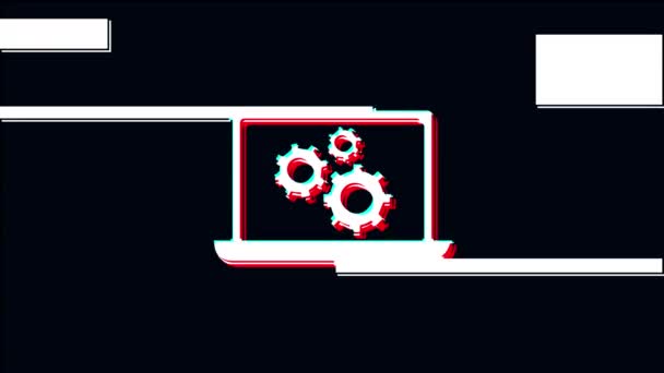 Laptop Gears Glitch Icon Animated Isolated Black Background Digital Glitch — Stock Video