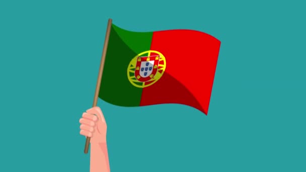 Mano Sosteniendo Animación Bandera Portugal Ondeando Bandera Símbolo Nacional Video — Vídeo de stock