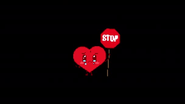 Cute Heart Stop Sign Animated Isolated Black Background Digital Glitch — Stock Video
