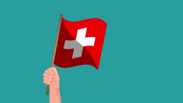 スイスの国旗アニメーションを手に持っている 旗を振って 国民の象徴 4Kビデオ映画アニメーション — ストック動画