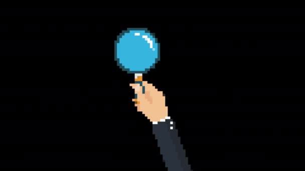 Піксельна Рука Збільшувальним Скляним Піктограмою Глітч Анімований Ізольовані Чорному Тлі — стокове відео