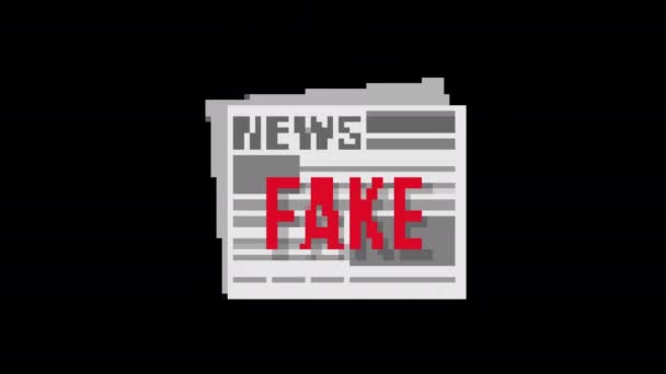 Pixel Fake News Glitch Symbol Animiert Isoliert Auf Schwarzem Hintergrund — Stockvideo