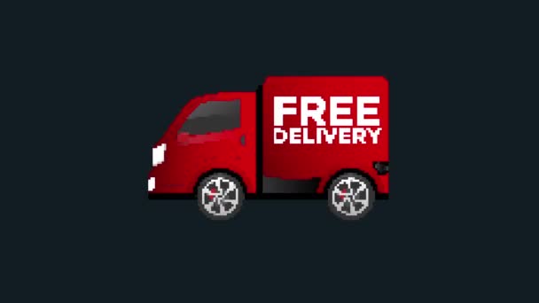 Pixel Free Delivery Car Glitch Icon Animated Isolated Black Background — Stock Video