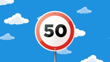 Bulut arkaplanındaki 50 Hız Yolu tabelası animasyon 4K Video Hareketi Canlandırması. Kusursuz döngü