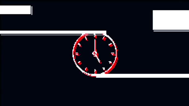 Reloj Icono Delgado Animación Glitch Aislado Sobre Fondo Negro Efecto — Vídeos de Stock