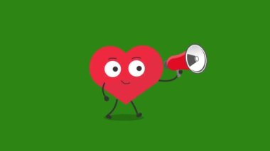 Megafonlu şirin kalp karakteri - Yürüyen Animasyon 4K video animasyonu.