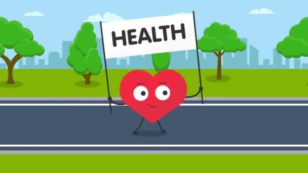 Schattig Hart Karakter Met Gezondheidsbord Walking Animation Video Motion Animation — Stockvideo