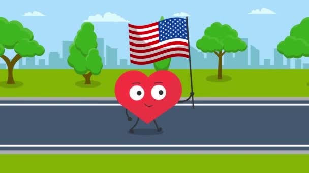 带着美国国旗的可爱的心形人物 步行动画 4K视频动画 城市背景动画 — 图库视频影像