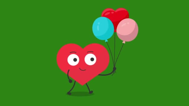 Carino Cuore Carattere Con Palloncini Compleanno Animazione Piedi Video Animazione — Video Stock