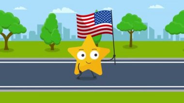 Amerikan bayrağı animasyonlu sevimli yıldız karakteri. 4K video hareketi canlandırması.
