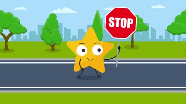 Netter Stern Charakter Mit Stoppschild Animation Video Motion Animation — Stockvideo