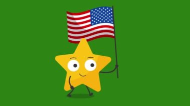 Amerikan bayrağı animasyonlu sevimli yıldız karakteri. 4K video hareketi canlandırması.