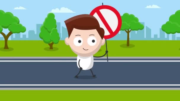 Симпатичный Молодой Человек Персонаж Запретительным Знаком Animation Видео Анимации Движения — стоковое видео