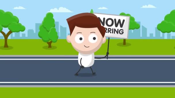 Cute Young Man Character Now Hiring Sign Animation Video Motion — Stock Video