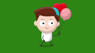 Doğum günü balonları animasyonlu sevimli bir genç adam karakteri. 4K video hareketi canlandırması.