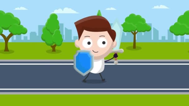 Cute Young Man Character Sword Shield Animation Video Motion Animation — Stock Video