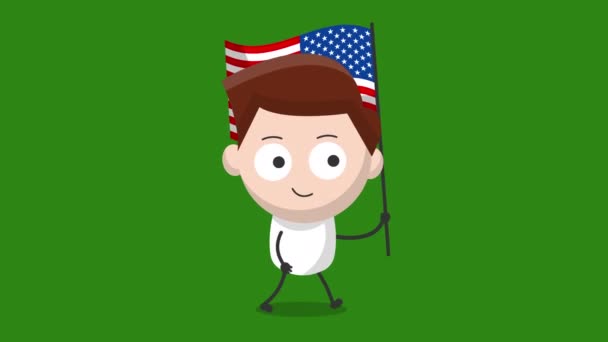 Χαριτωμένος Νεαρός Άνδρας Χαρακτήρας Ηπα Σημαία Animation Κινούμενα Σχέδια Βίντεο — Αρχείο Βίντεο