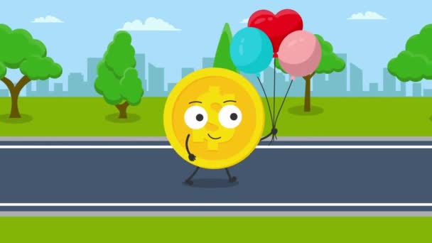 Niedliche Dollarmünze Charakter Mit Geburtstagsballons Animation Videoanimation — Stockvideo